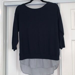 Market and spruce Navy sweater with striped shirt peeking through​​​​